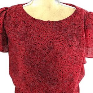 Vintage JB TOO red black flowy dress sz 12 flutter sleeves elastic waist polyest